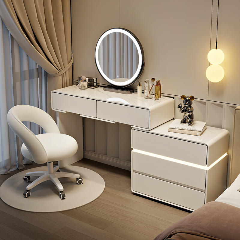Modern Luxury Design Dressing Table With Led Mirror Cream Wooden Makeup Cabinet Small Apartment Master Bedroom Furniture