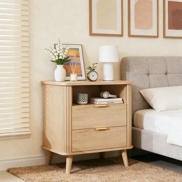 Medieval-Style Modern Walnut Bedside Table with Storage Shelves