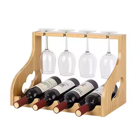 Factory Custom Display Bamboo Wine Rack with Glass Holders Luxury Wine Bar Cabinet Wine Bottle Holder Display Rack