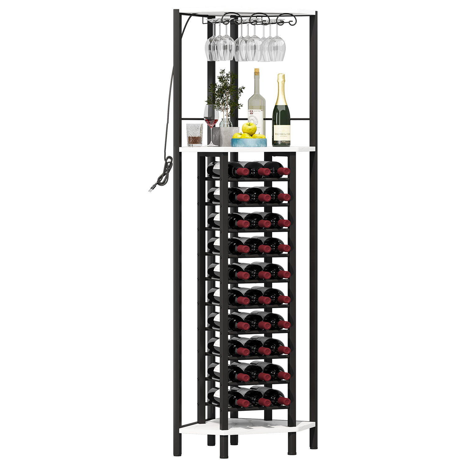 Industrial Corner Wine Rack with Glass Holder,4 Tier Freestanding Floor Bar Shelf,Rustic Wood &amp; Metal Bottle Storage Organize