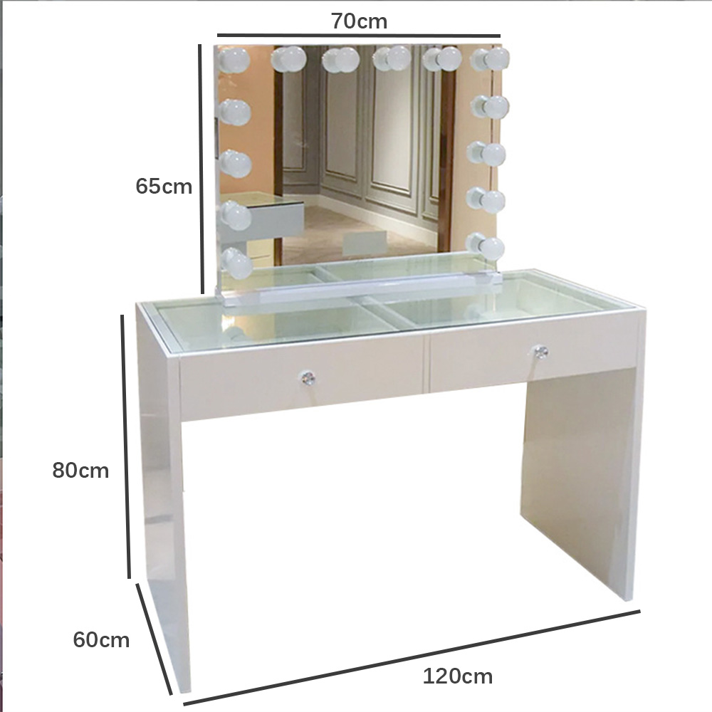 White Modern Glass Panel Dressing Table Storage Drawers Adjustable Removable Standing Lighted Mirror Eco-Friendly Bedroom