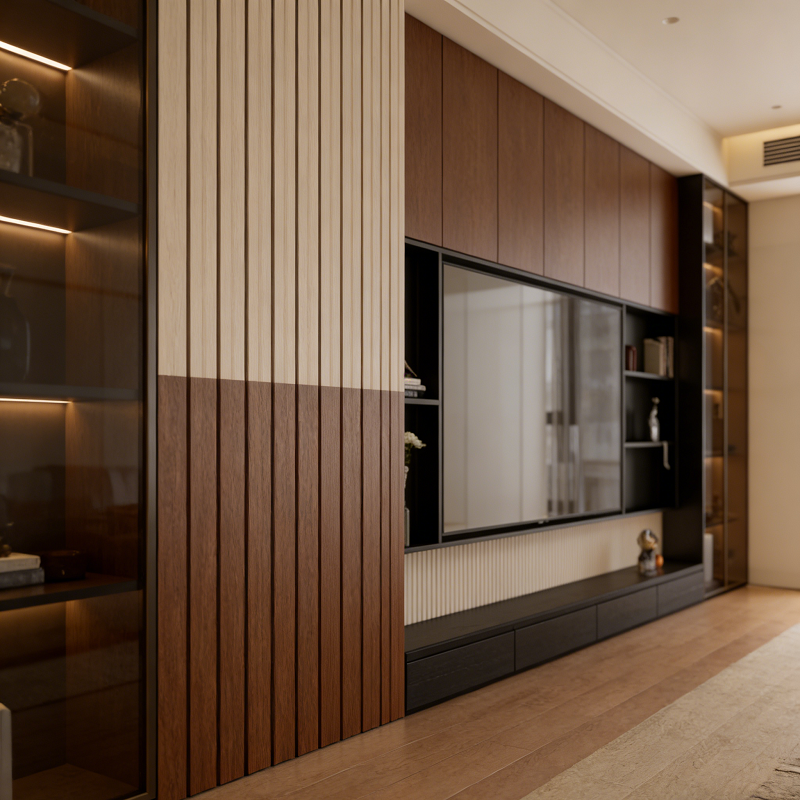 Minimalist Long TV Cabinet Wooden Media Console Full-Length Living Room Entertainment Storage Unit