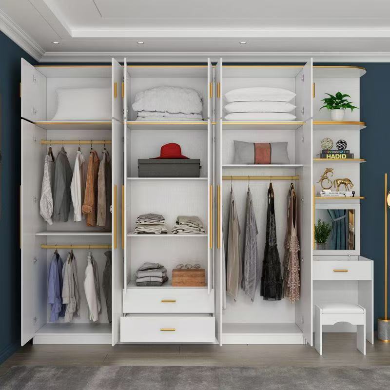 Minimalist White Wardrobe With Gold Hardware LED Lighting High-End Bedroom Closet With Open Shelf Integrated Dressing Table Set