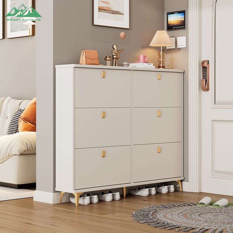 Wayon Modern Wall Mounted Shoe Cabinet 6 Tier with Gold Handles and Legs Space Saving Gray Shoe Storage for Entrance
