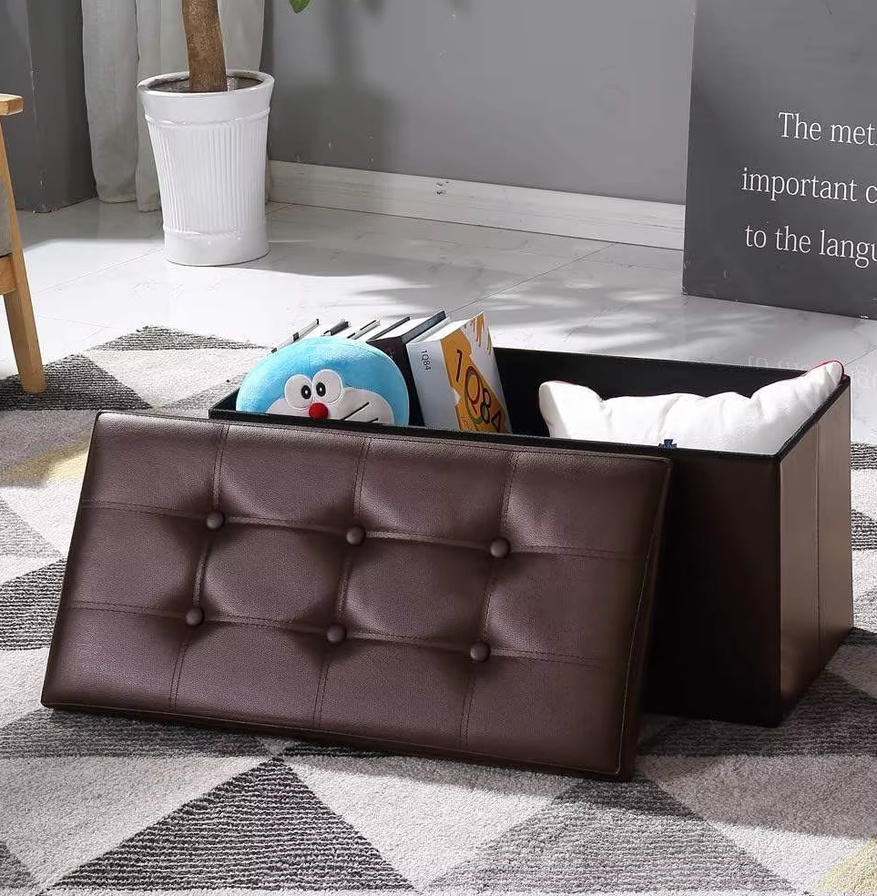 2024 Custom Brown Leather Ottoman Stool With Storage Wholesale Foldable Bench Sofa