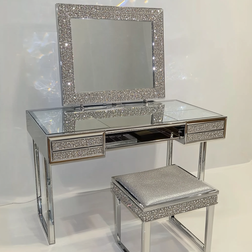 Luxury Silver Modern Oak Panel Bedroom Dressing Table Set with Adjustable Lighted Mirror and Stool for Home Use