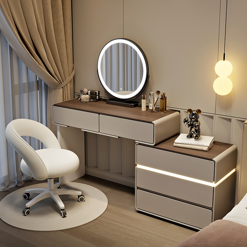 Modern Luxury Design Dressing Table With Led Mirror Cream Wooden Makeup Cabinet Small Apartment Master Bedroom Furniture