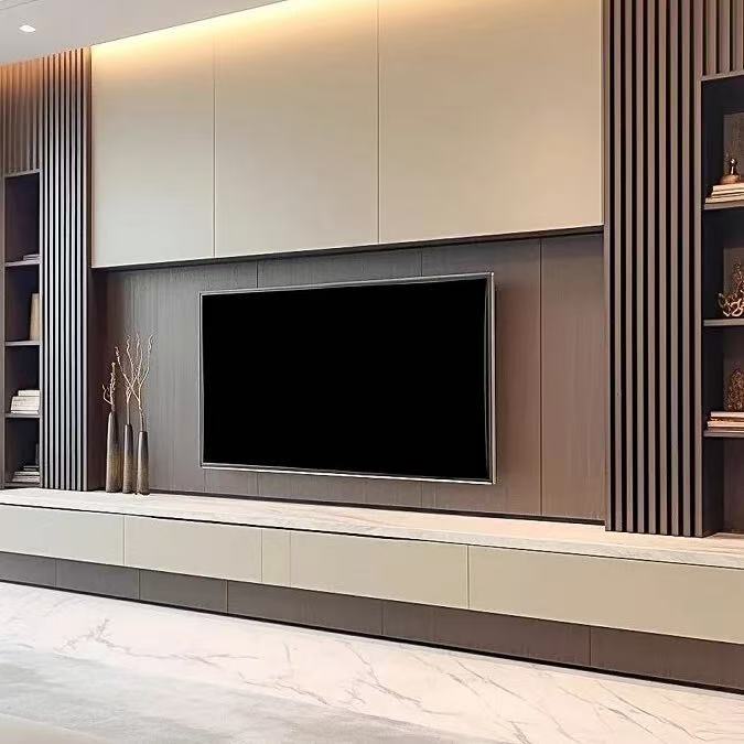 Luxury Modern Design Wood Wall Mounted Panel Unit Suspended TV Console Stand Cabinet Set for Living Room Bedroom Home Furniture