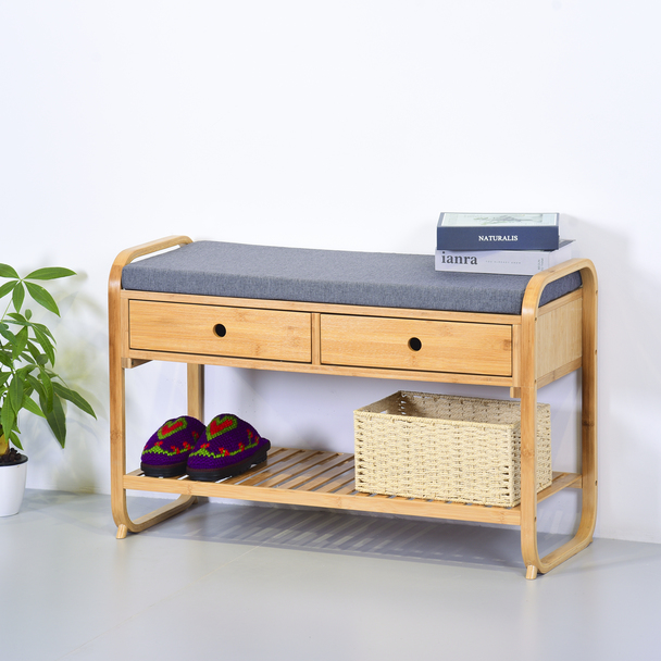 Multifunctional Modern Living Room Furniture Bamboo Shoe Rack Bench with Cushion Padded Seat and 2 Drawers