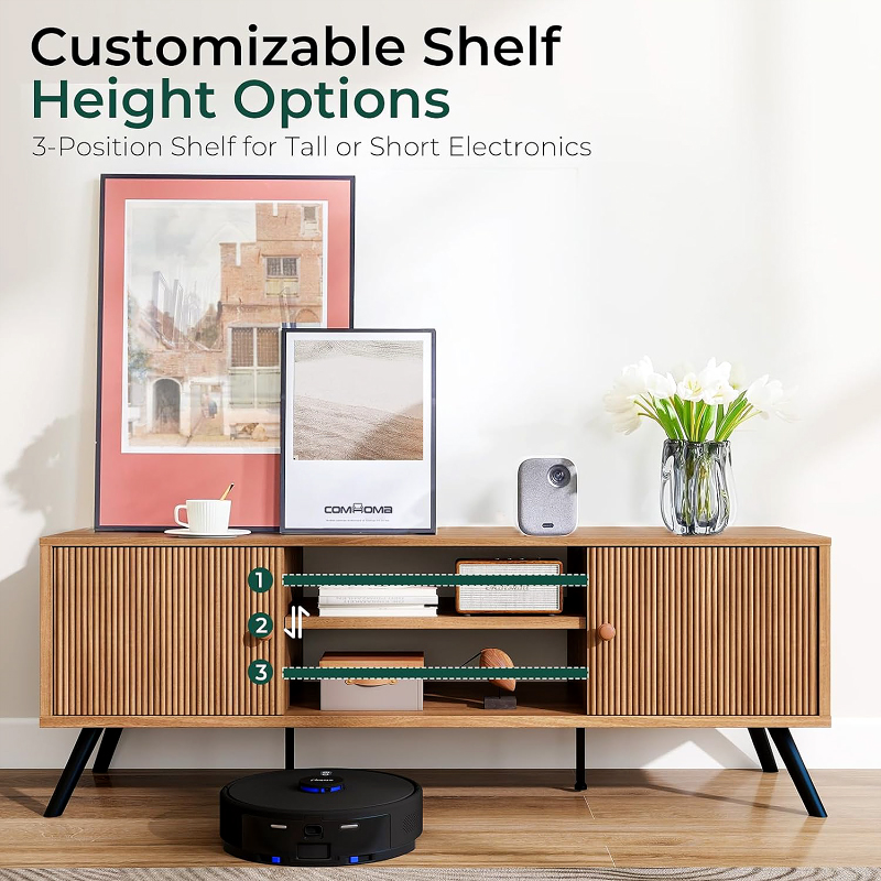TV Stand for Living Room, Modern TV Stand for 55/60/65 Inch TVs, Retro TV Stand with Fluted Door and Open Adjustable Shelve