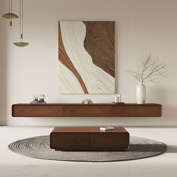 Walnut TV Cabinet Walnut Wood TV Cabinet Suspended Solid Wood TV Cabinet Coffee Table Combination Modern Minimalist Wall