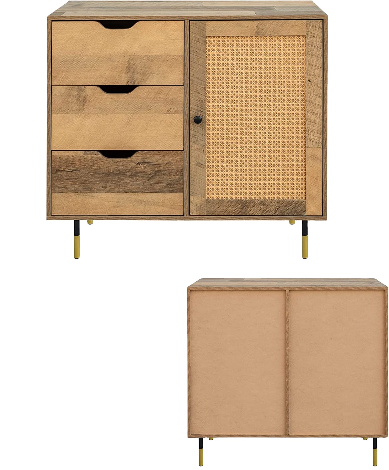 Rattan Sideboard With 1 Door&amp;3 Drawers,Buffet Storage Cabinets With Wooden Drawer And Wine Rack For Living &amp; Dining Room,