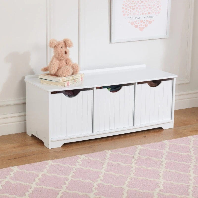 Classic White Contemporary MDF Storage Ottoman Bench Set Three Open Compartments Multi-Purpose Bedroom Living Room Babies Kids