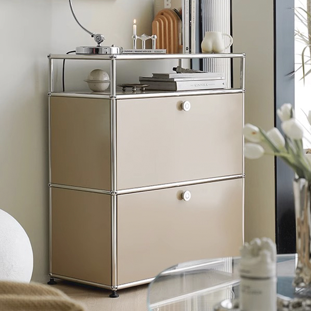 Modern Modular Stainless Steel Side Cabinet With Open Shelf Freestanding Storage Organizer For Living Room Home Office Use
