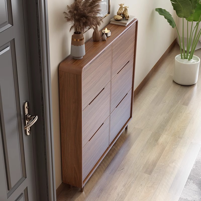 Home Living Room Ultra-Thin Flip Adjustable Shoe Cabinet Modern Simple Narrow Solid Wood Frame Wall-Mounted Storage Cabinet