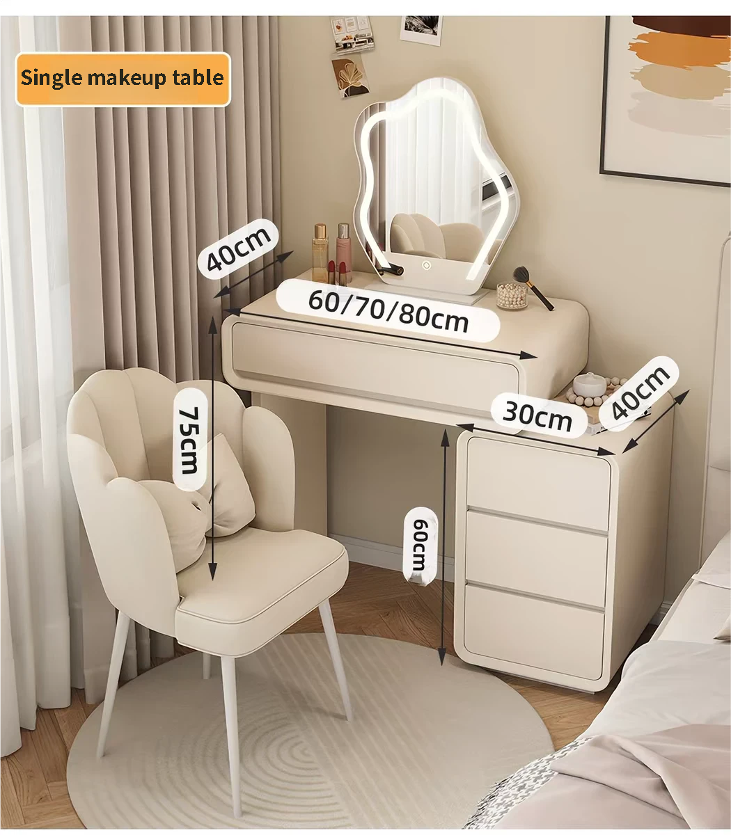 Creamy Modern Minimalist Solid Wood Lacquer Vanity Small-Space Dressing Table With LED Shape Mirror Storage Cabinet For Bedroom