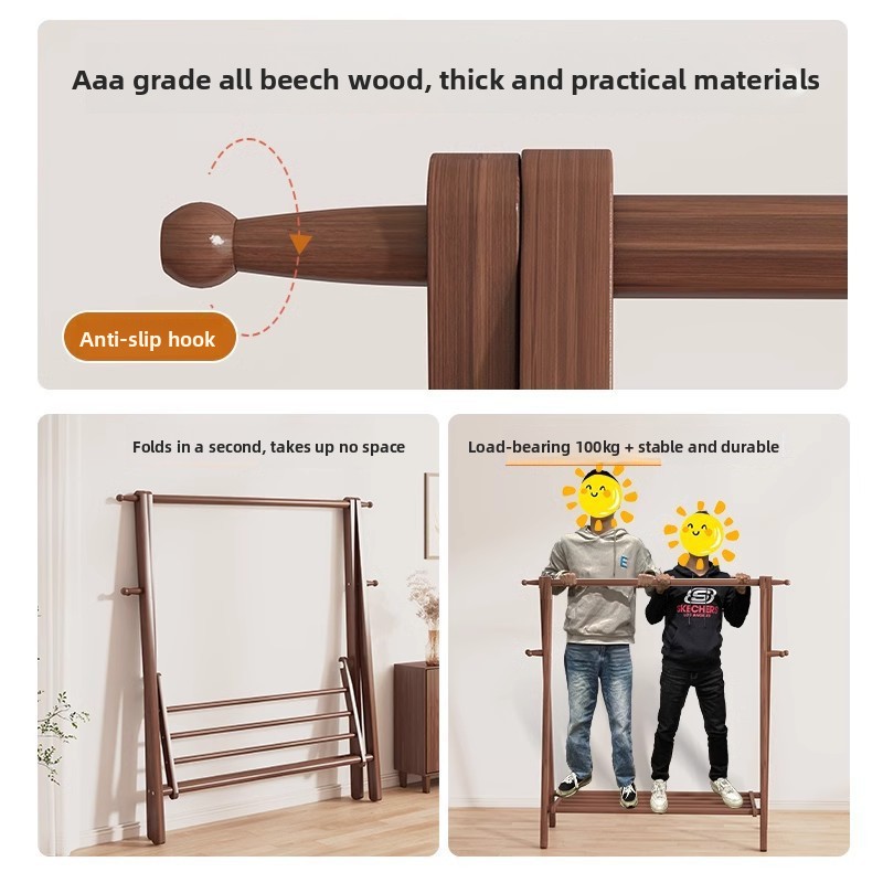 Solid Wood Floor-Standing Bedroom Coat Rack with Multifunctional Hanging Shelf Indoor Clothes Drying Rack-Minimalist Design