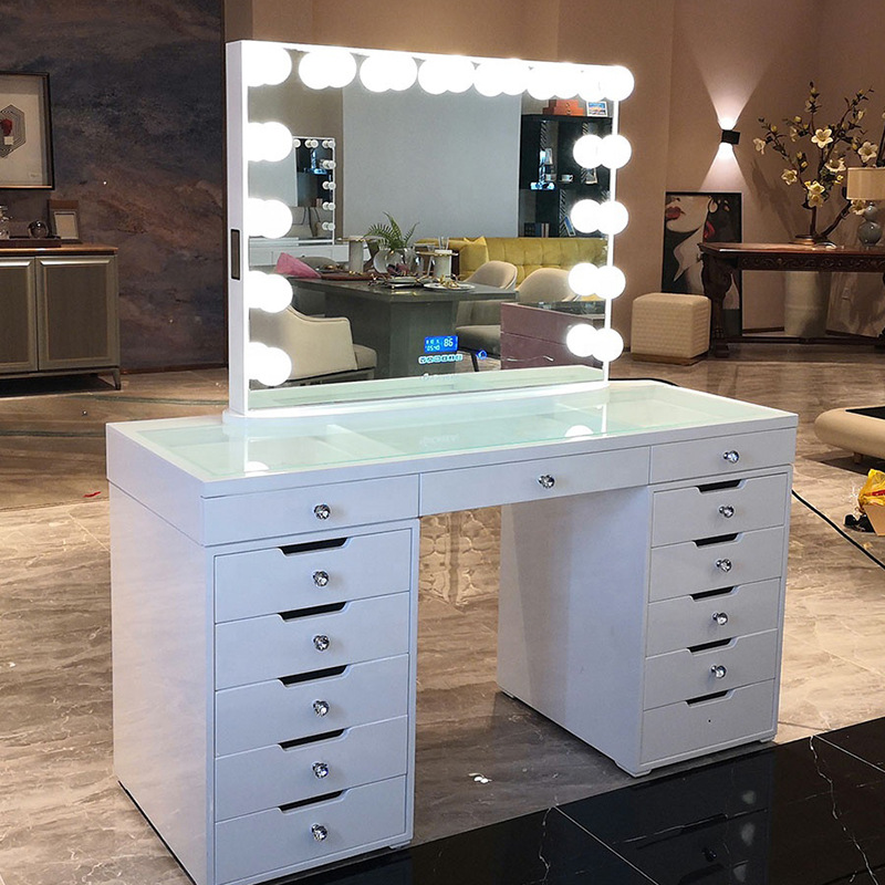 Wholesale Customized 12 Drawers LED Lights Glass Vanity Mirror Dressing Table Women's Bedroom Application Large Dressing Table