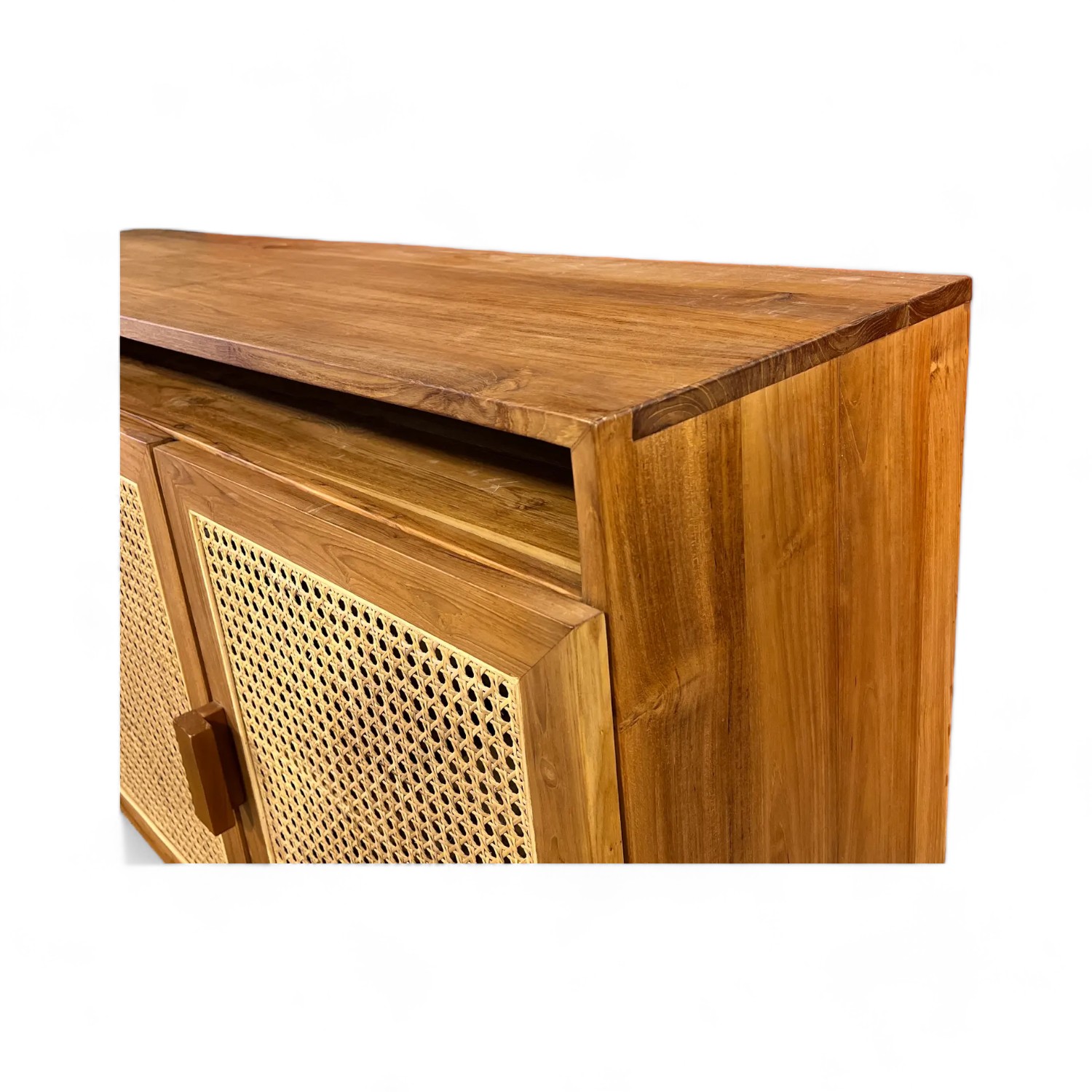 Contemporary Custom Handmade Solid Teak Wood TV Cabinet with 3 Rattan Door Storage Sideboard Living and Laundry Room Furniture