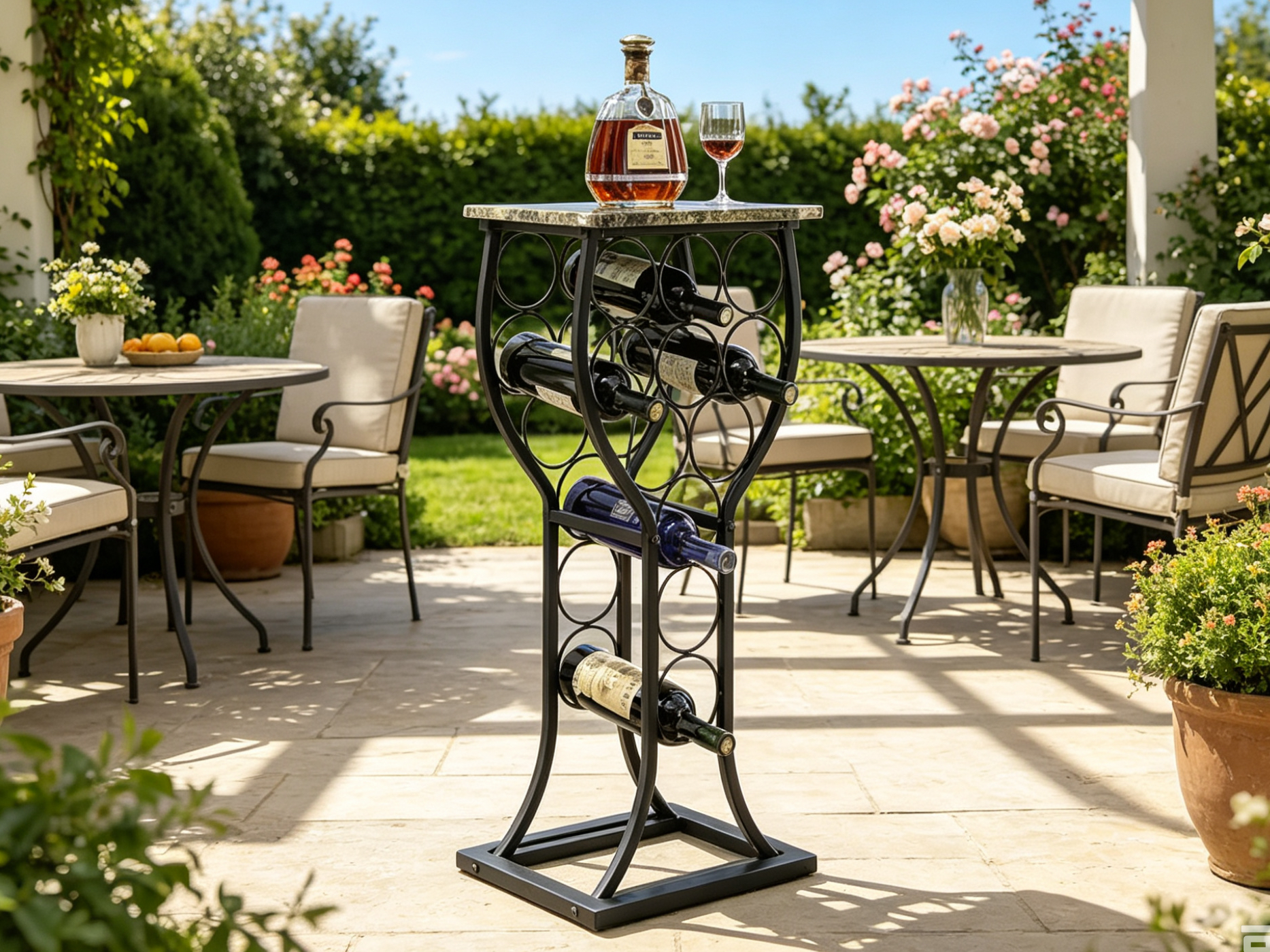 European Style 5-Layer Heavy Duty Metal Iron Wine Rack with 11-Bottle Stand and Marble Table Top for Home Living Room