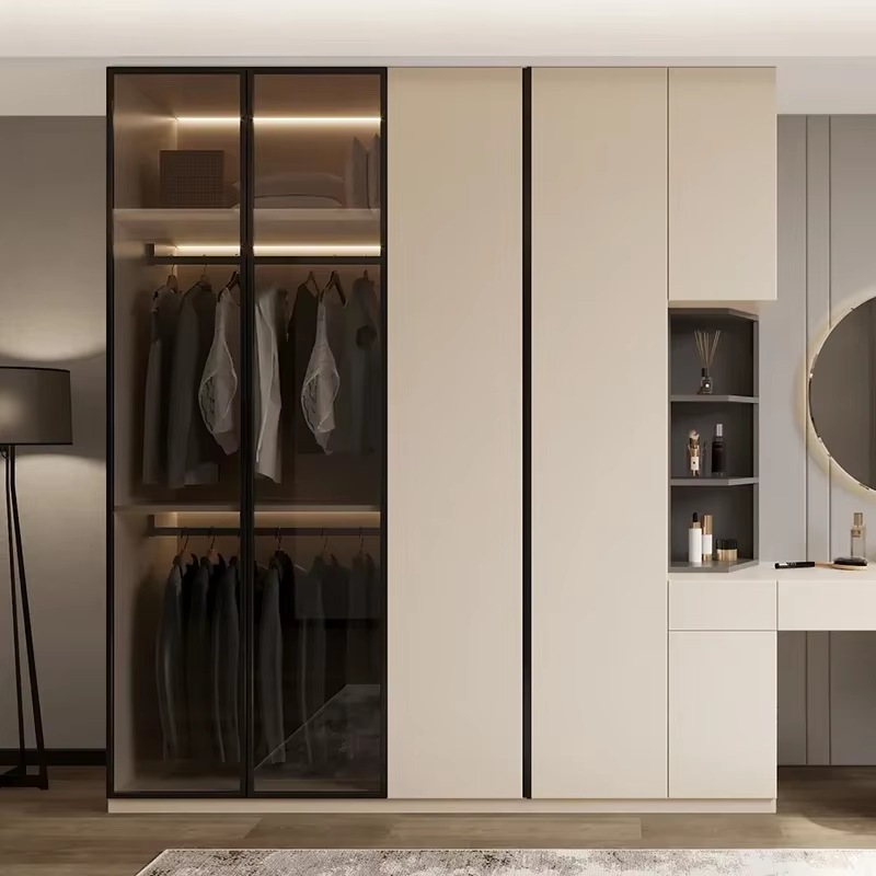 Customized Large-capacity Open-style Dressing Table And Closet Set Light And Luxurious Style White Glass-door Bedroom Wardrobe