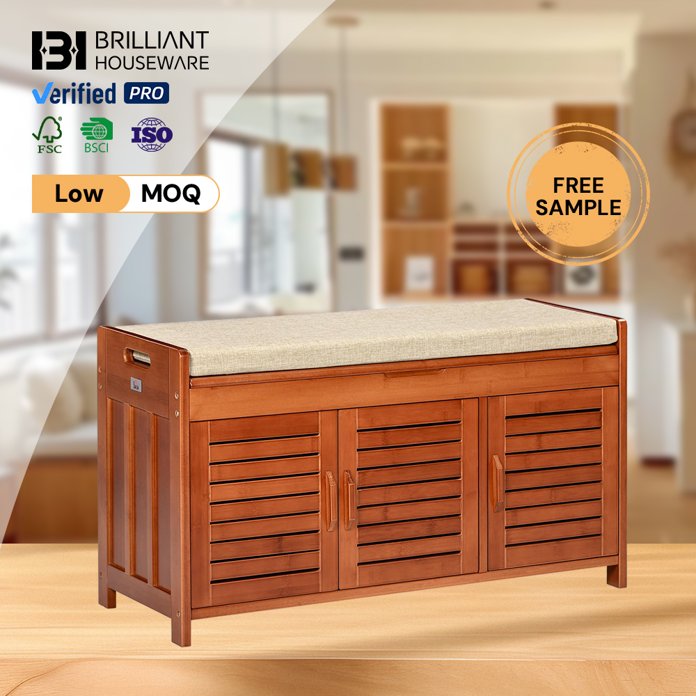 BH Shoe Storage Bench Bamboo Entryway Bench with Cushion Cabinets and Hidden Compartment for Hallway