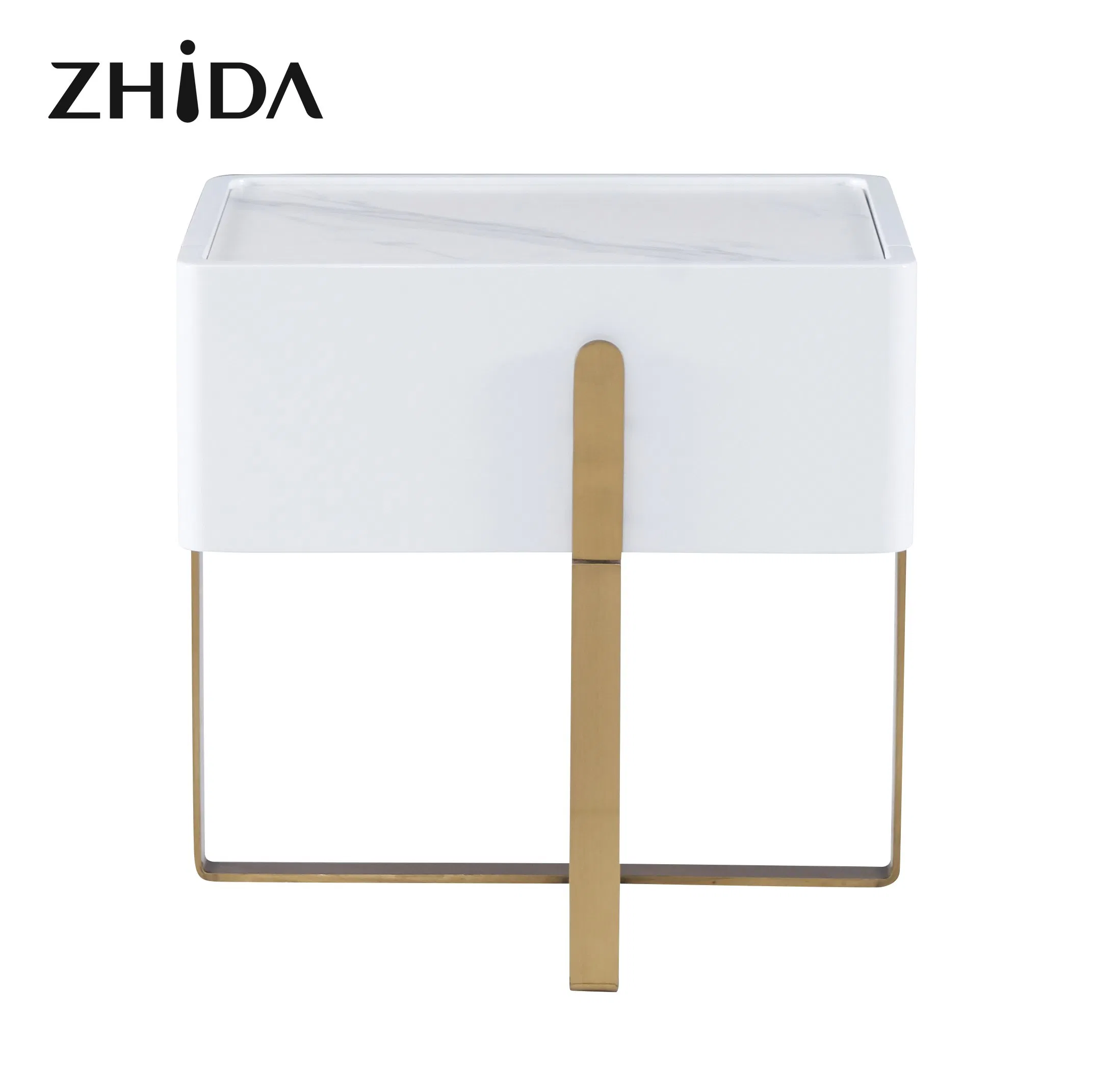 Zhida Luxury Design Bedroom Wooden Nightstand Square Marble Top Night Stand White Gold Metal Leg Bedside Table