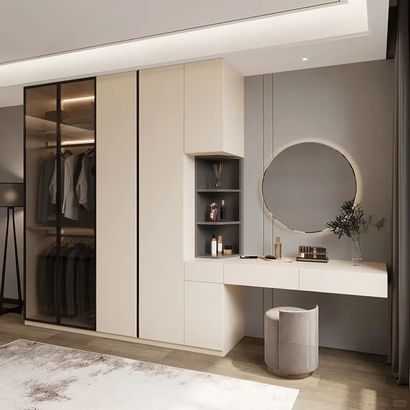 Customized Large-capacity Open-style Dressing Table And Closet Set Light And Luxurious Style White Glass-door Bedroom Wardrobe