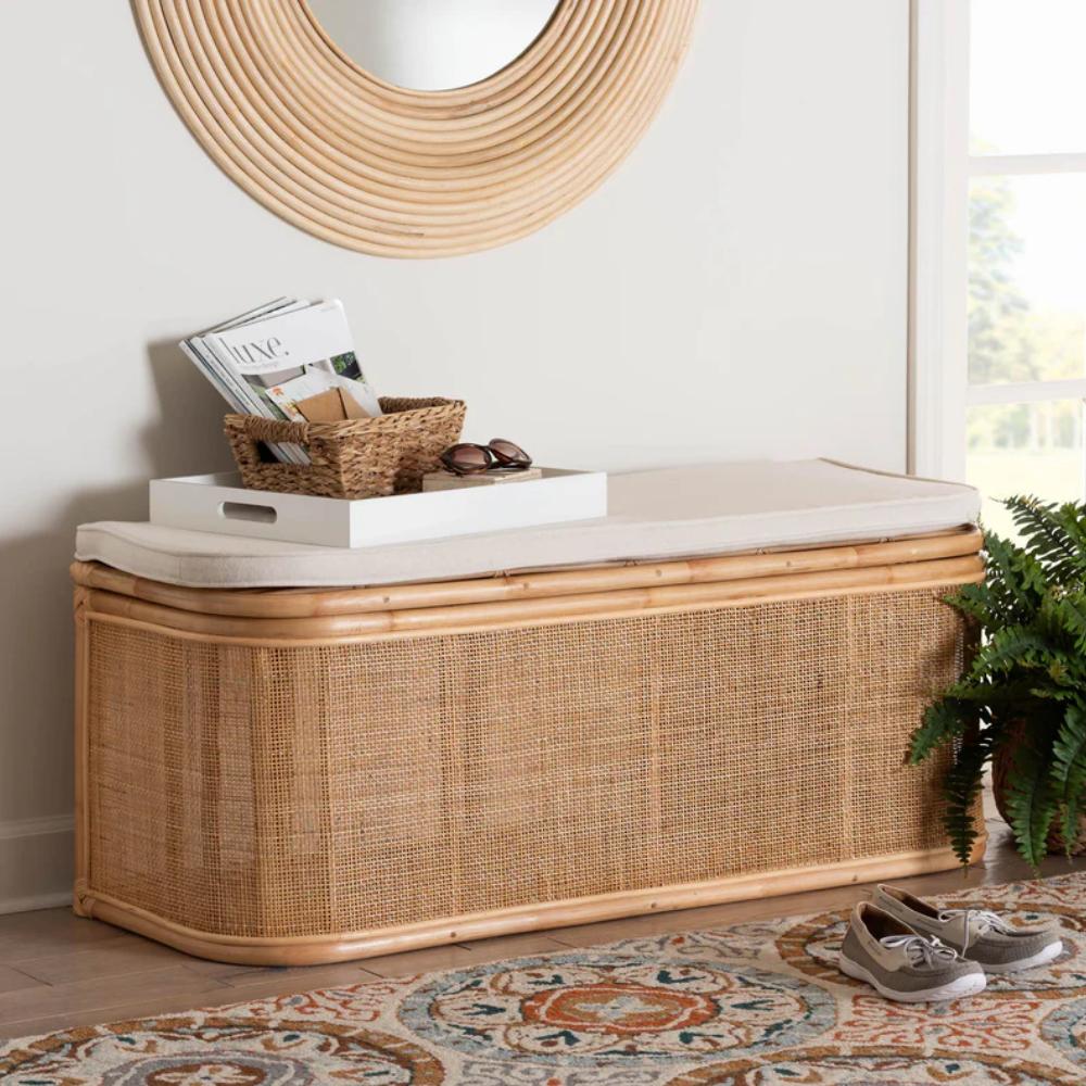 Wholesale Bohemian Natural Rattan Storage Bench Entryway Storage Ottoman Bench with Cushion From Vietnam