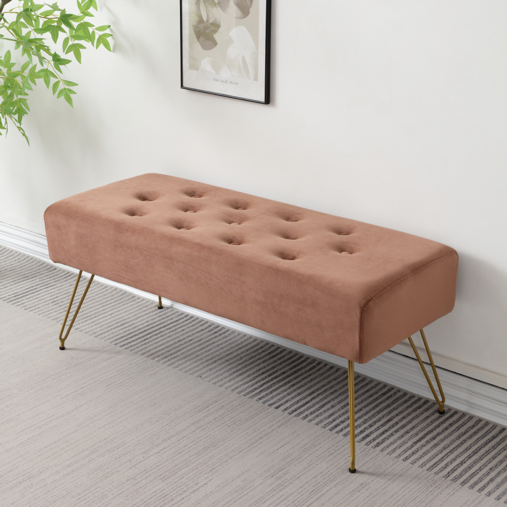 Stylish Luxurious Portable Wooden Waiting Bench Metal Legs Bedroom Entry Shoe Changing Cloakroom Long Sofa Bench For Apartment