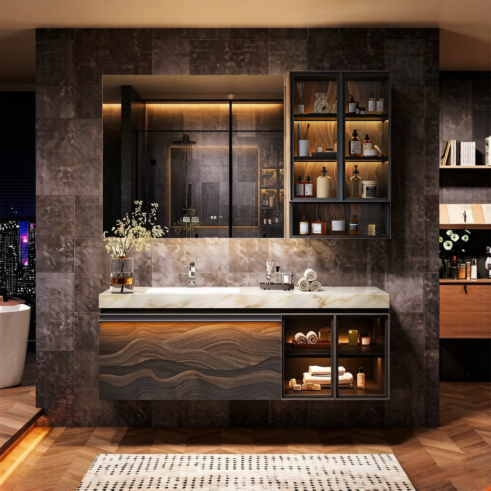 Luxury Hotel Style Floating Bathroom Vanity With Quartz Stone Countertop &amp; Smart LED Mirror Cabinet Solid Wood