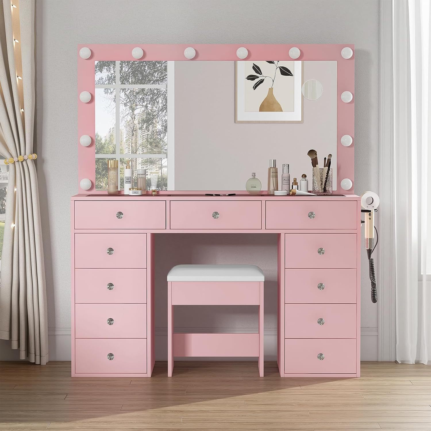 Mirrored MDF Vanity With Lighting Professional Makeup Table Beauty And Nail Salon Vanity Table