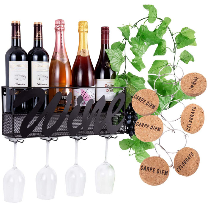 Guangdong OEM ODM Metal Black Wall Mounted Manufacture Wine Rack Wine Bottle Holder Basket With Glass Holder