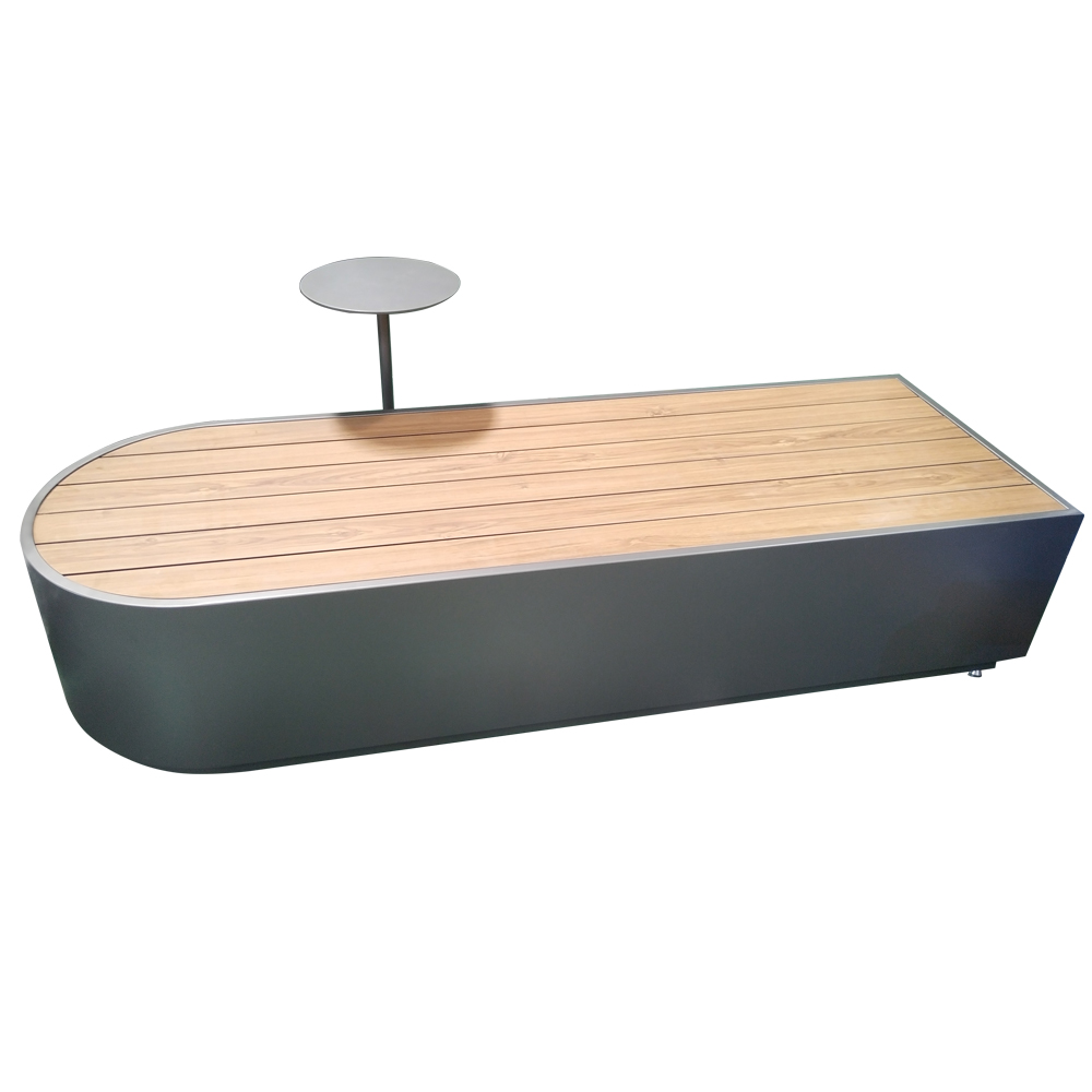 Outdoor Solid Wood and Galvanized Steel Storage Long Bench with Table for Patio Dining Mall Hotel Use