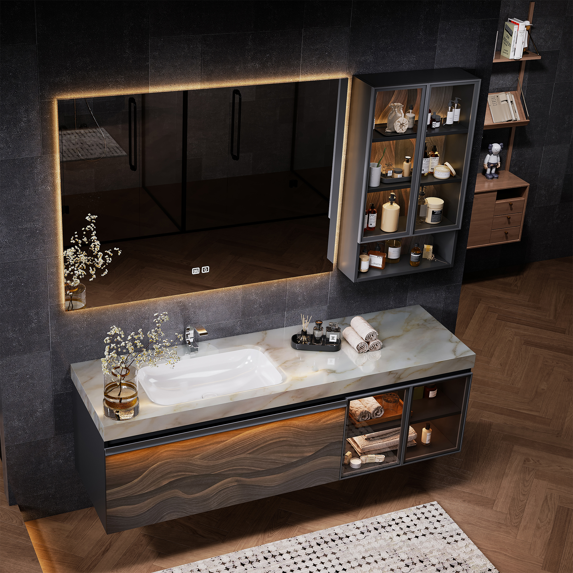 Luxury Hotel Style Floating Bathroom Vanity With Quartz Stone Countertop &amp; Smart LED Mirror Cabinet Solid Wood
