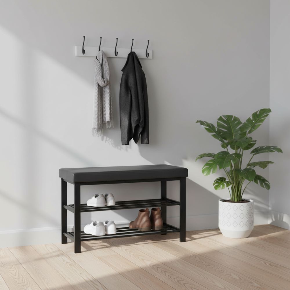 Modern 3-Tier Metal Shoe Storage Bench with Faux Leather Foam Padded Seat for Entryway, Hallway and Living Room Furniture