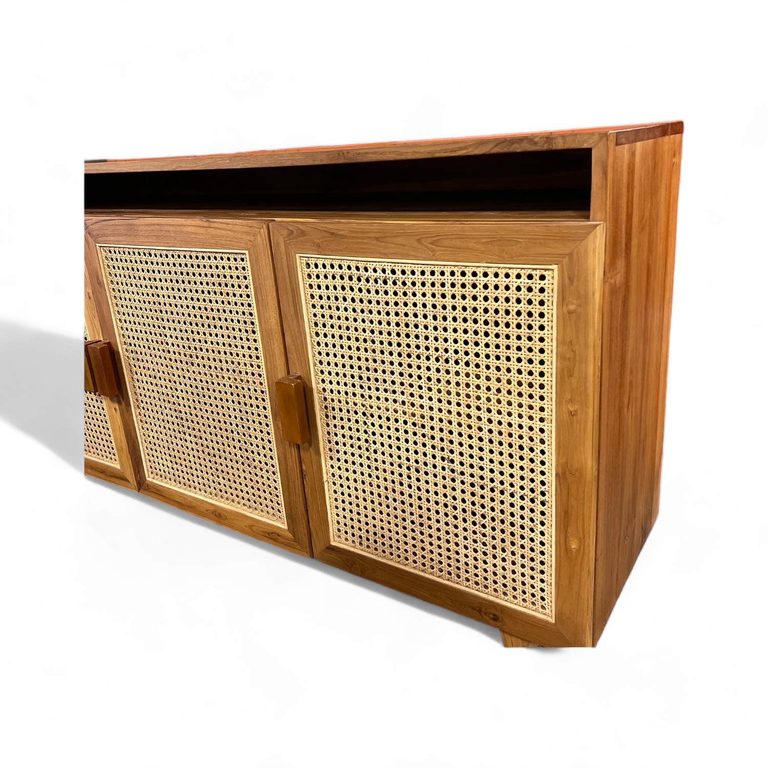 Contemporary Custom Handmade Solid Teak Wood TV Cabinet with 3 Rattan Door Storage Sideboard Living and Laundry Room Furniture