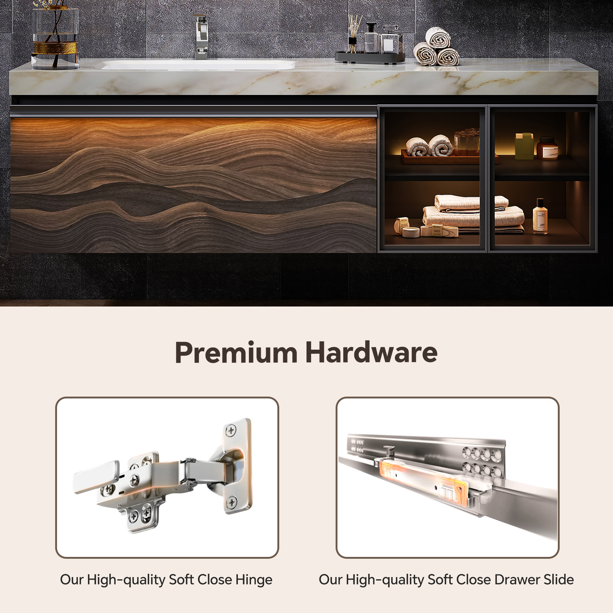 Luxury Hotel Style Floating Bathroom Vanity With Quartz Stone Countertop &amp; Smart LED Mirror Cabinet Solid Wood