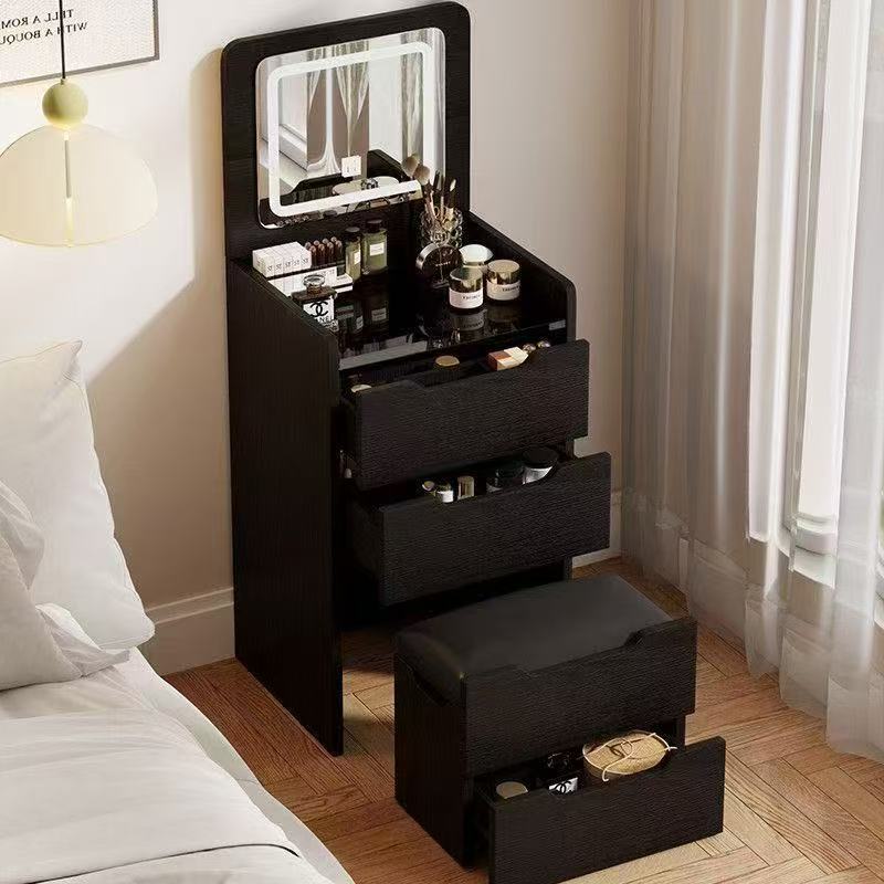Wood Panel Cream Style Flip Top Vanity Table With 3-Color LED Light Space-Saving Makeup Desk With Storage Cabinet For Bedroom