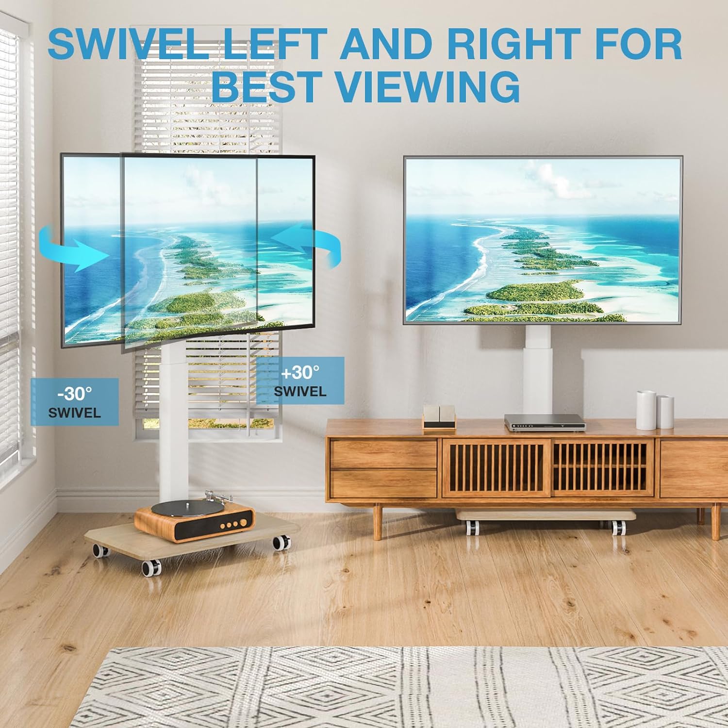 Floor Modern Mobile Wood Base Swivel Rolling Height Adjustable Portable TV Stand on Wheels with Mount for Bedroom Home Office