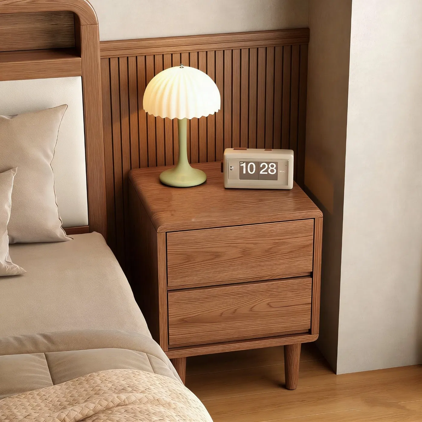 Medieval-Style Modern Walnut Bedside Table with Storage Shelves