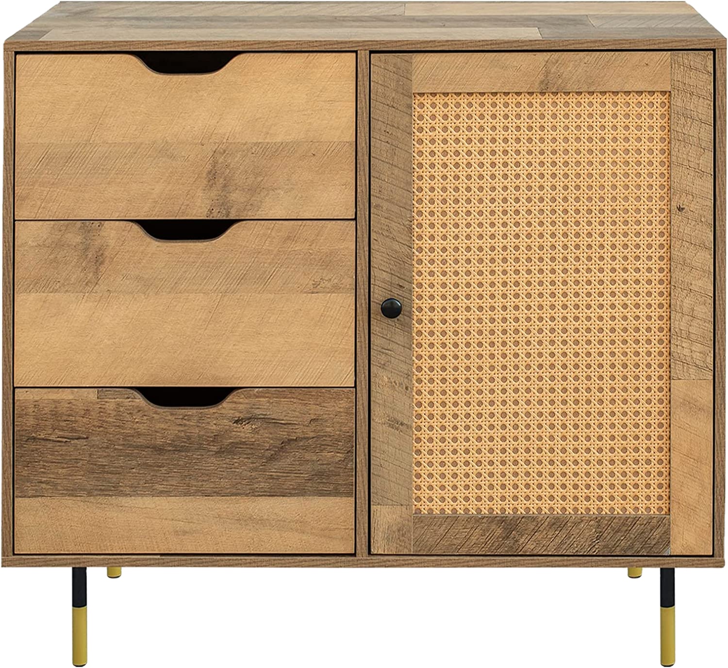 Rattan Sideboard With 1 Door&amp;3 Drawers,Buffet Storage Cabinets With Wooden Drawer And Wine Rack For Living &amp; Dining Room,