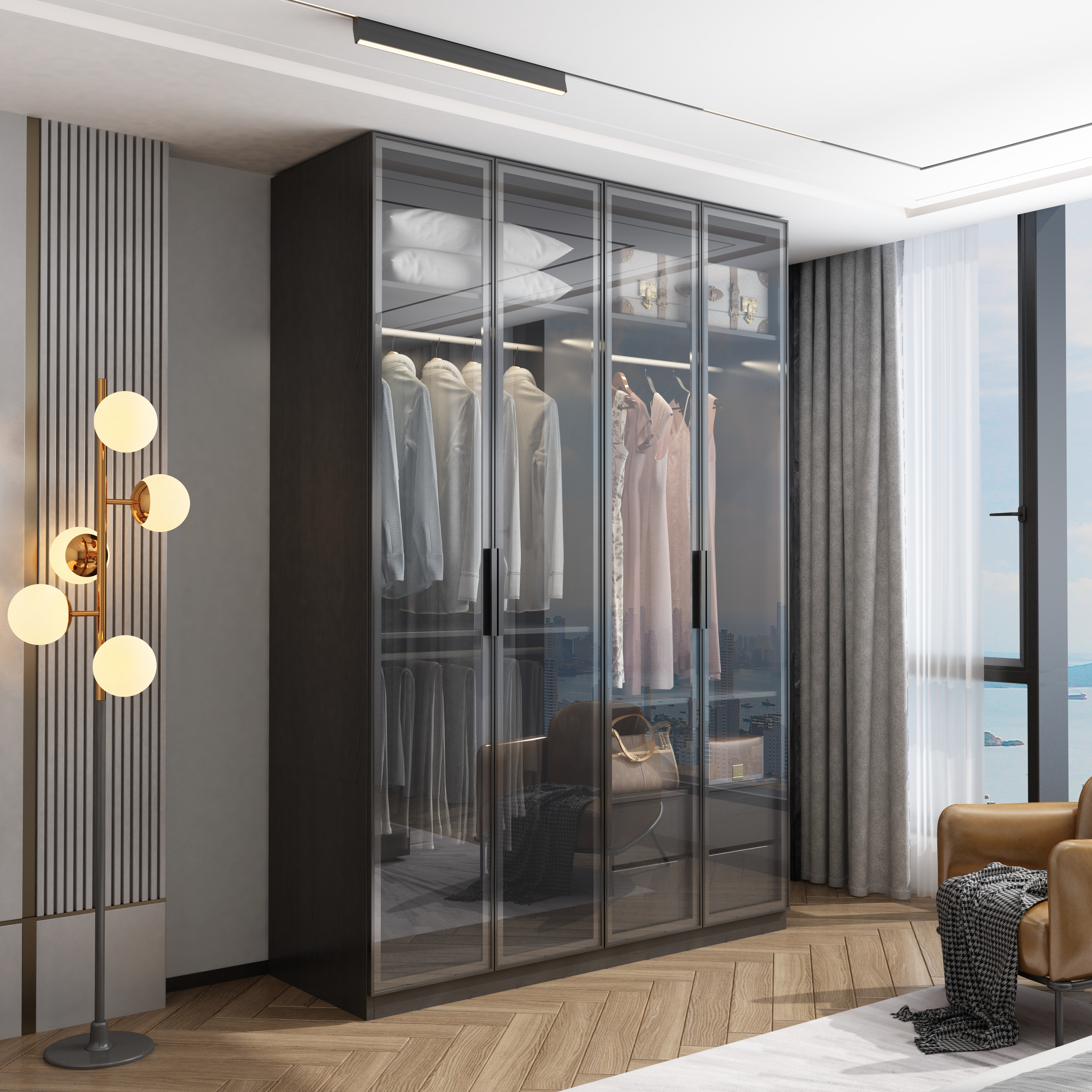 Solid Wood Wardrobe for Bedroom with Glass Door Modern Light Luxury Corner Cloakroom Storage Cabinet Combination Wardrobe