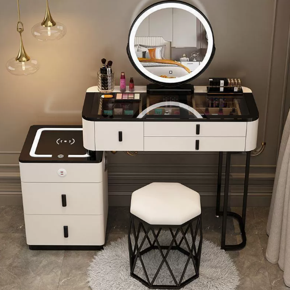 Wholesale Smart Luxury Nordic Bedroom Dressing Table With Wireless Charging Smart Mirror &amp; Multifunctional Wood Makeup Table