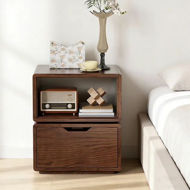Medieval-Style Modern Walnut Bedside Table with Storage Shelves