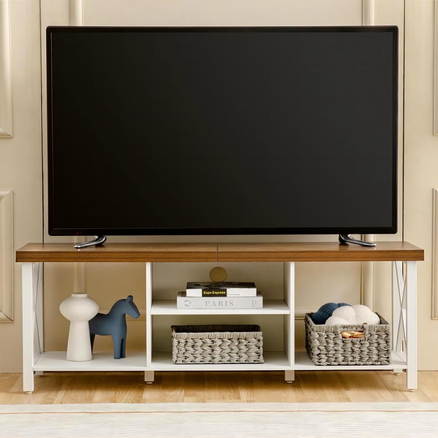 UCHANCE Modern White Wooden TV Stand for 60-64 Inches TVs with Open Storage Living Room Entertainment Furniture
