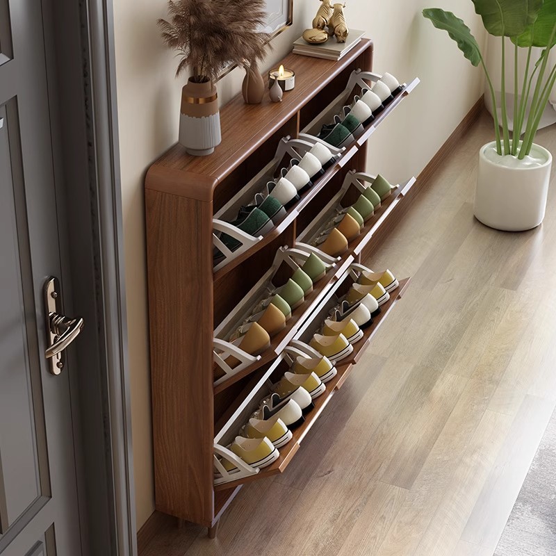 Home Living Room Ultra-Thin Flip Adjustable Shoe Cabinet Modern Simple Narrow Solid Wood Frame Wall-Mounted Storage Cabinet