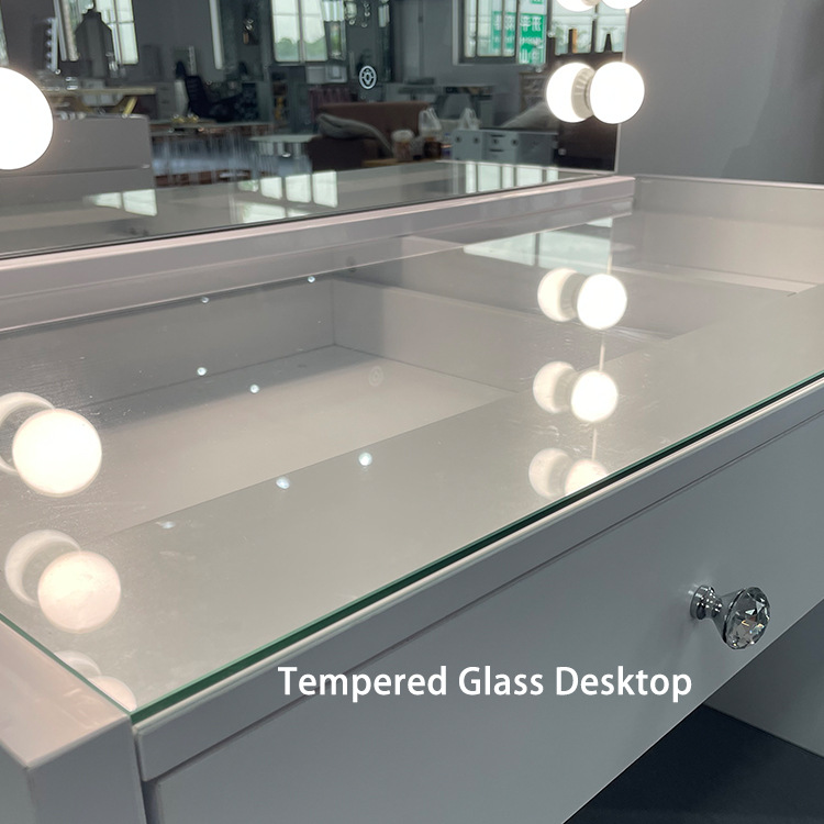 White Modern Glass Panel Dressing Table Storage Drawers Adjustable Removable Standing Lighted Mirror Eco-Friendly Bedroom