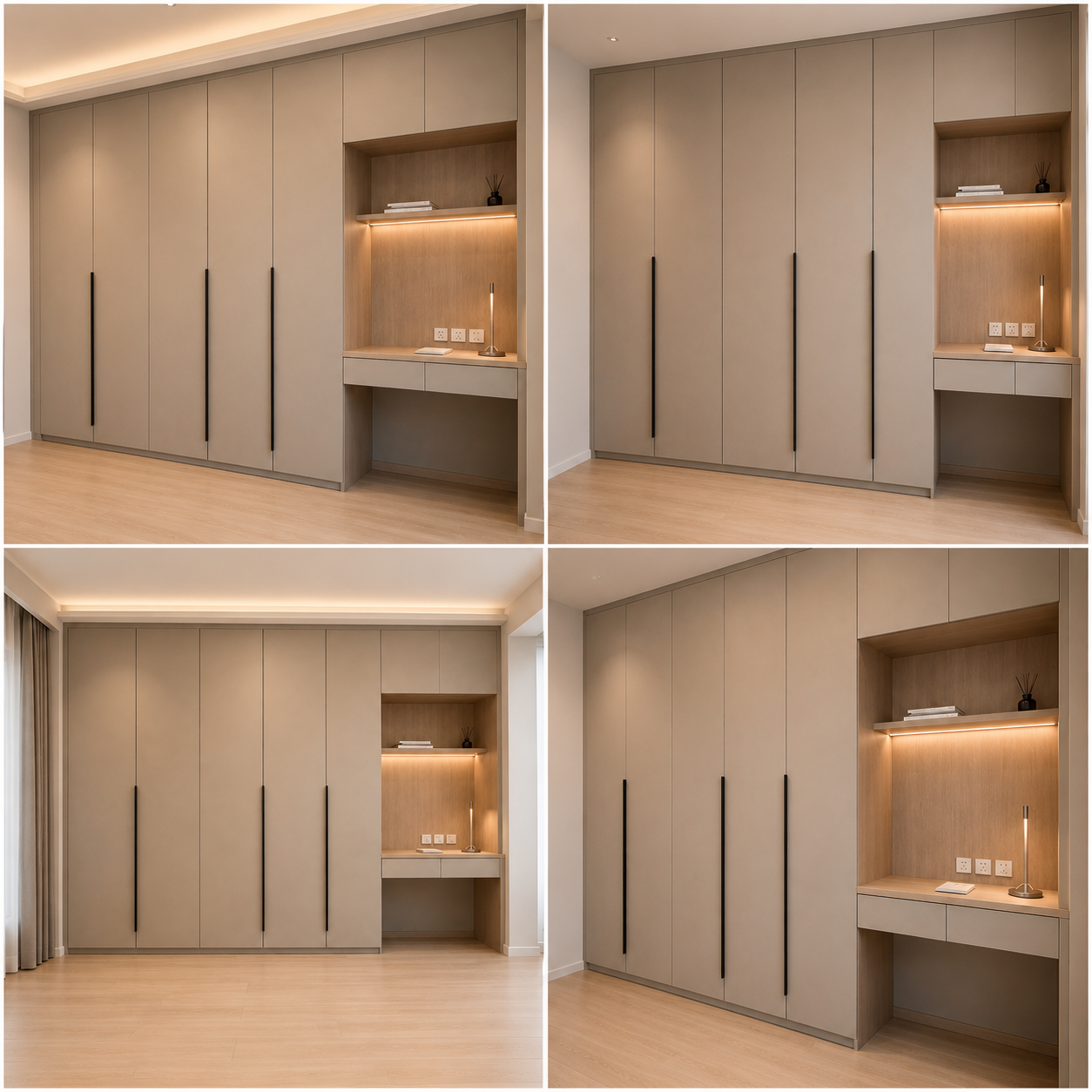 Modern Bedroom Furniture Wardrobe With Integrated Study Desk Cream Beige Fitted Storage Closet System