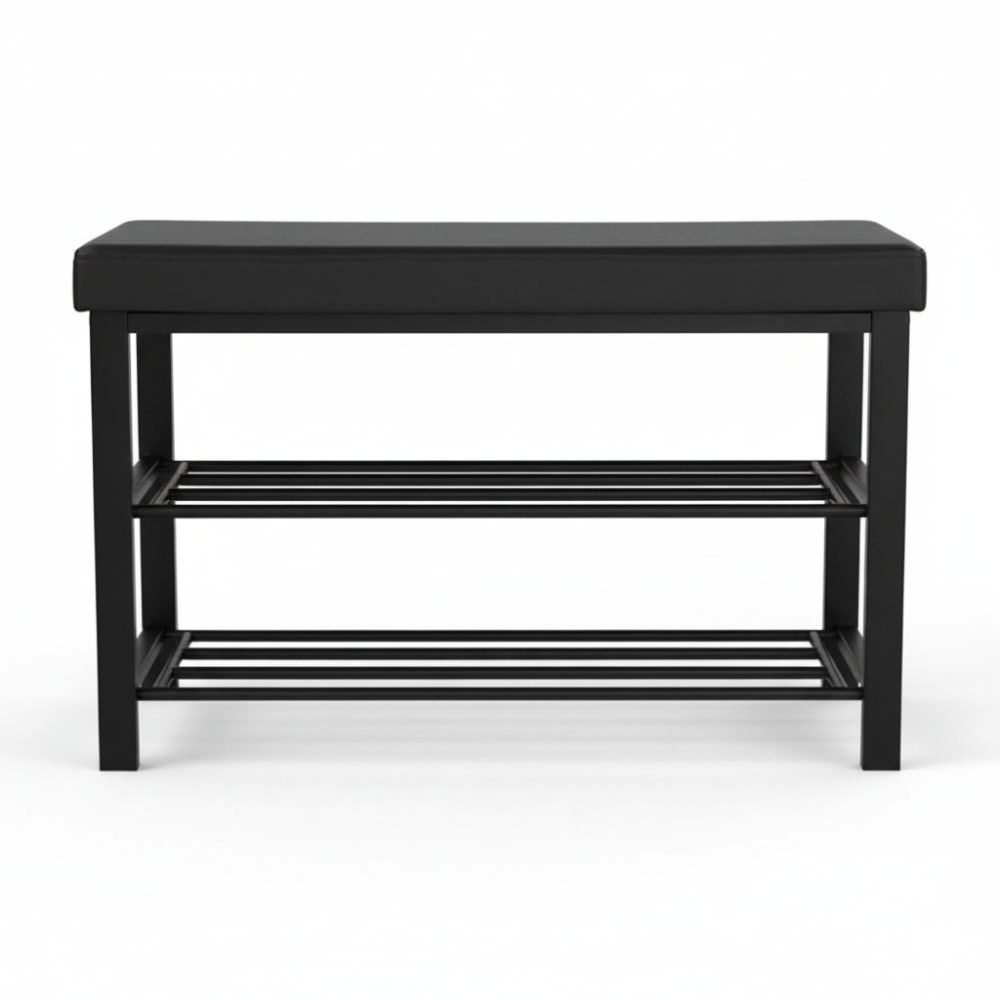 Modern 3-Tier Metal Shoe Storage Bench with Faux Leather Foam Padded Seat for Entryway, Hallway and Living Room Furniture
